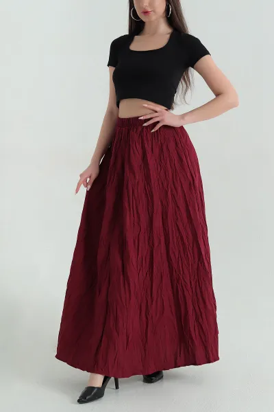 Bordo Beli Lastikli Kırışık Tasarım Etek 351205