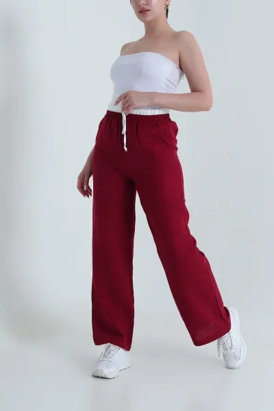 Bordo Beli Lastikli Müslin Keten Kadın Pantolon 463634