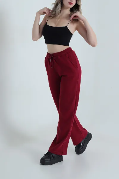 Bordo Beli Lastikli Selanik Triko Kadın Pantolon 491221
