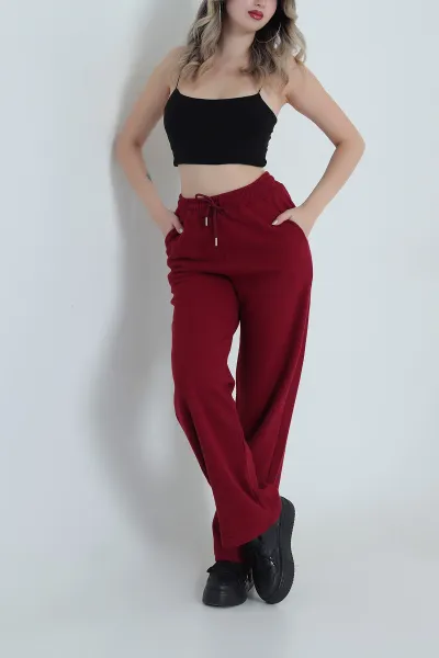 Bordo Beli Lastikli Selanik Triko Kadın Pantolon 491221