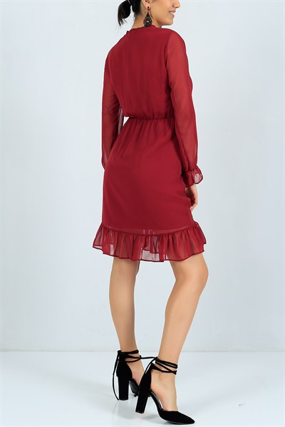 Bordo Beli Lastikli Şifon Elbise 24244B