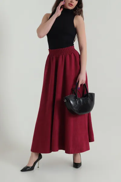 Bordo Beli Lastikli Süet Kadın Çan Etek 426749