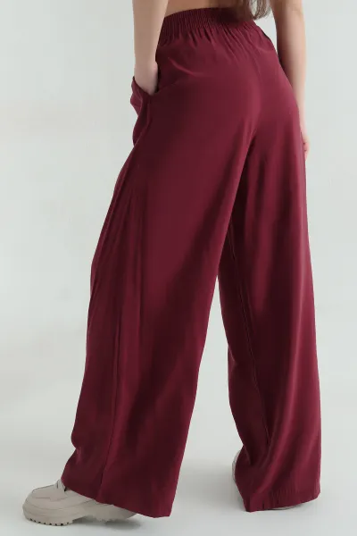 Bordo Beli Lastikli Tensel Kadın Pantolon 359213