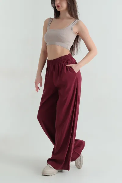 Bordo Beli Lastikli Tensel Kadın Pantolon 359213