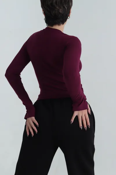 Bordo Belize Parmak Geçmeli Modal Badi Bluz 408773