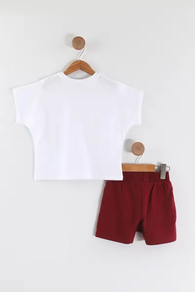 Bordo Beyaz (2-6  Yaş) Taşlı Fiyonk Baskılı Tişörtlü ve Gabardin Şortlu Kız Çocuk Yazlık Takım 457563