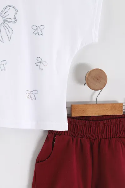 Bordo Beyaz (2-6  Yaş) Taşlı Fiyonk Baskılı Tişörtlü ve Gabardin Şortlu Kız Çocuk Yazlık Takım 457563