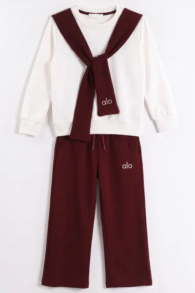 Bordo Beyaz  (5-10 Yaş) Şal Detaylı Alo Baskılı  Oysho Kız Çocuk Mevsimlik Takım 481817