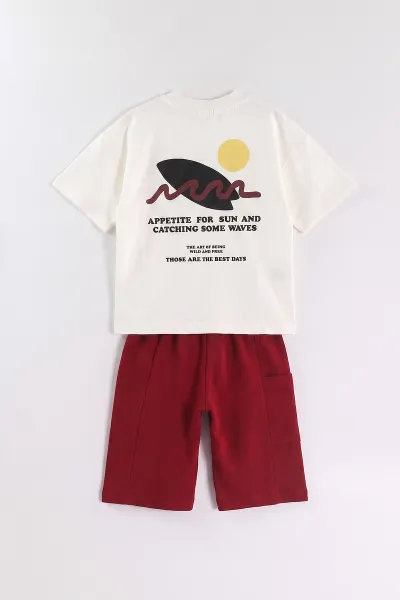 Bordo Beyaz (7-12 Yaş)Ön Arka  Baskılı Şortlu Erkek Çocuk Yazlık Takım 469639