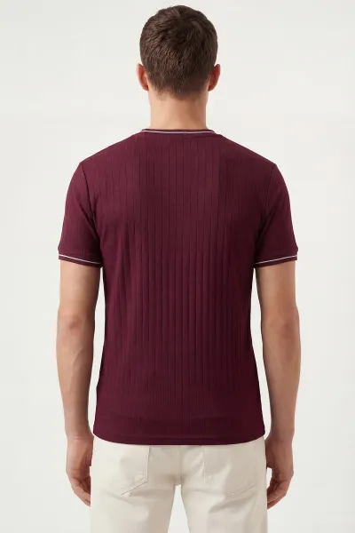 Bordo Bisiklet Yaka Çizgi Detaylı Erkek Tişört 438954