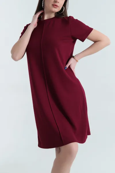 bordo-bisiklet-yaka-kisa-kollu-cimali-modal-elbise-337905
