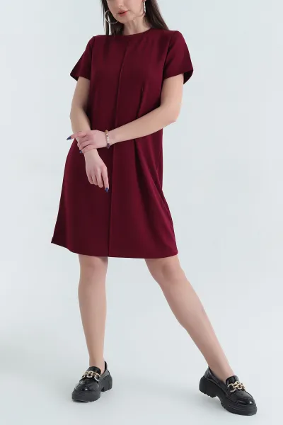 Bordo Bisiklet Yaka Kısa Kollu Çimalı Modal Elbise 337905