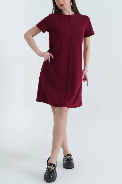 Bordo Bisiklet Yaka Kısa Kollu Çimalı Modal Elbise 337905