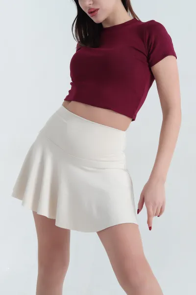 Bordo Bisiklet Yaka Likralı Viskon Crop Bluz 339008