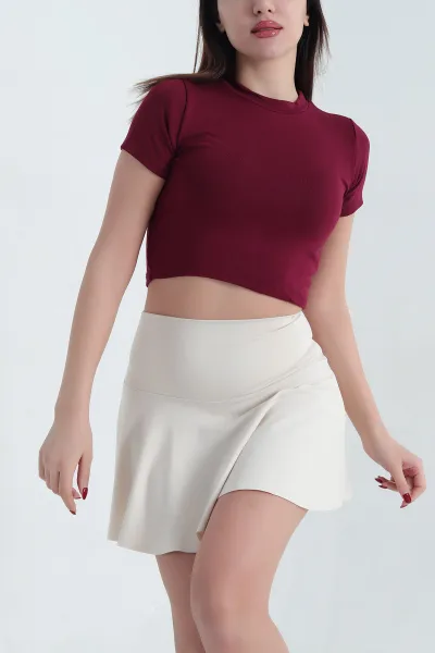 Bordo Bisiklet Yaka Likralı Viskon Crop Bluz 339008