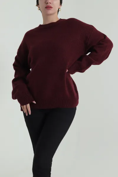Bordo Bisiklet Yaka Oversize Kadın Triko Kazak 421236