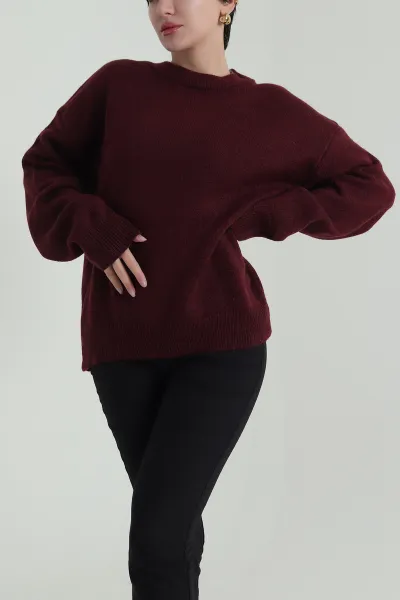 Bordo Bisiklet Yaka Oversize Kadın Triko Kazak 421236