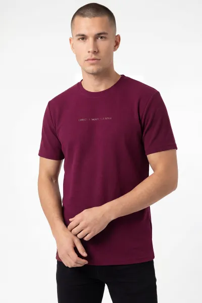 Bordo Bisiklet Yaka Yazı Detaylı Erkek Tişört 462800