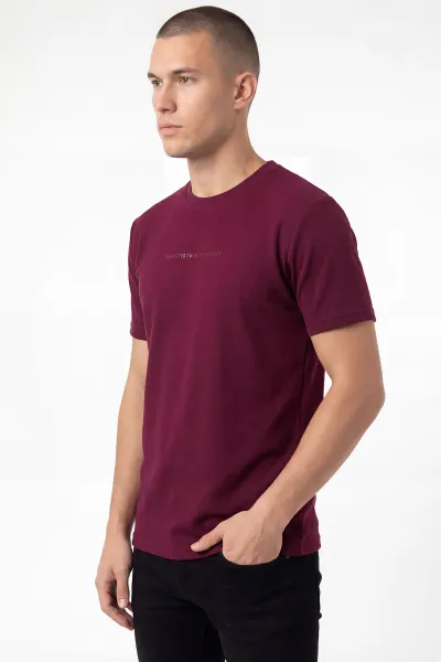 Bordo Bisiklet Yaka Yazı Detaylı Erkek Tişört 462800
