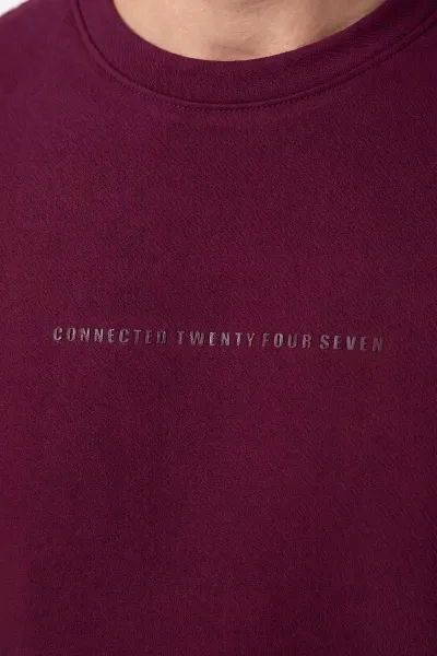 Bordo Bisiklet Yaka Yazı Detaylı Erkek Tişört 462800
