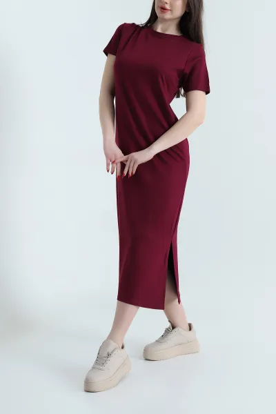 Bordo Bisiklet Yaka Yırtmaçlı Kristal Kadın Elbise 442140