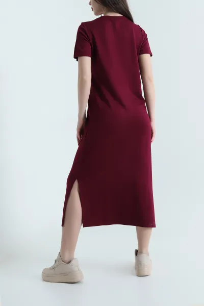 Bordo Bisiklet Yaka Yırtmaçlı Kristal Kadın Elbise 442140