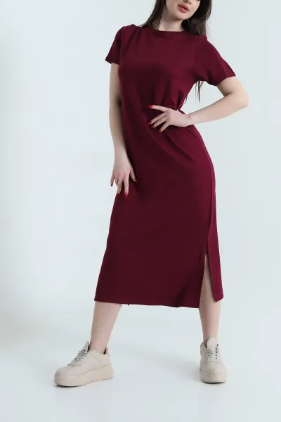 Bordo Bisiklet Yaka Yırtmaçlı Kristal Kadın Elbise 442140