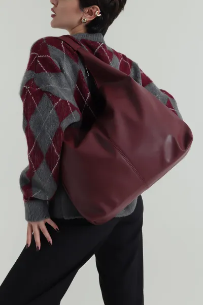 Bordo Büyük Boy Fermuarlı Kadın Kol ve Omuz Çantası 423383