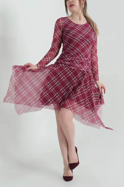 Bordo Büzgülü Astarlı Ekose Desen Tül Kadın Elbise 347326