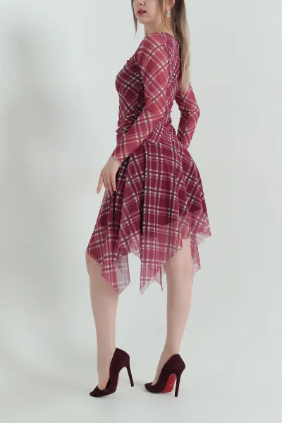 Bordo Büzgülü Astarlı Ekose Desen Tül Kadın Elbise 347326