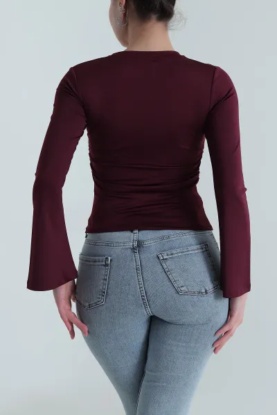 Bordo Büzgülü İspanyol Kol Sandy Kadın Bluz 495952