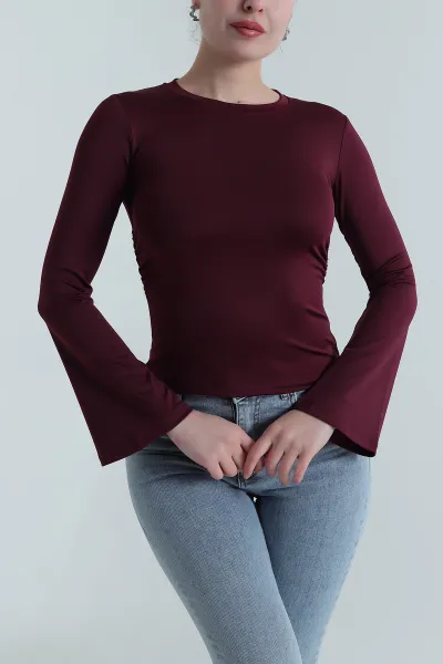 Bordo Büzgülü İspanyol Kol Sandy Kadın Bluz 495952