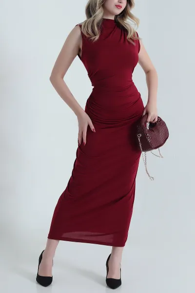 Bordo Büzgülü Kolsuz Buzzy Kadın Elbise 473627
