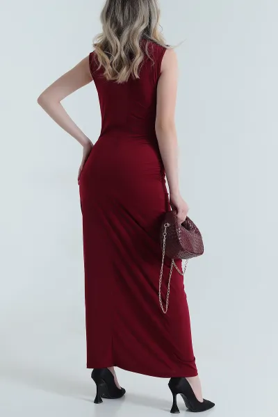 Bordo Büzgülü Kolsuz Buzzy Kadın Elbise 473627