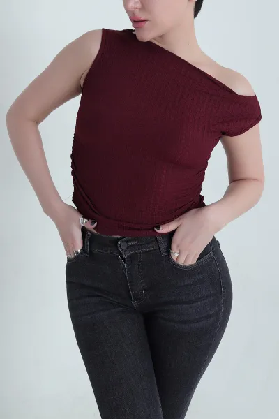 Bordo Büzgülü Kolsuz Gofre Kadın Bluz 456287