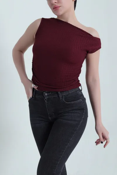 Bordo Büzgülü Kolsuz Gofre Kadın Bluz 456287