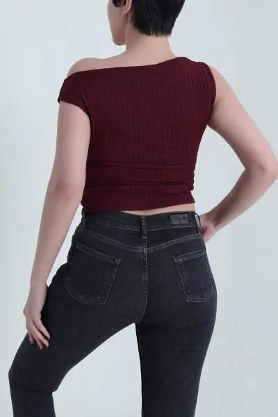 Bordo Büzgülü Kolsuz Gofre Kadın Bluz 456287