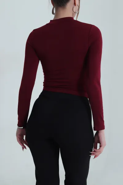 Bordo Büzgülü Likralı Buzzy Kadın Bluz 486681