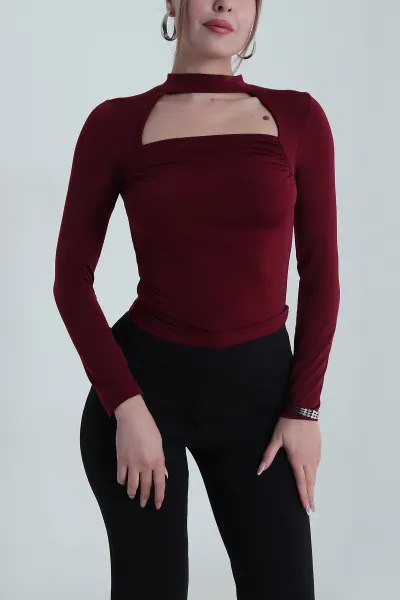 Bordo Büzgülü Likralı Buzzy Kadın Bluz 486681