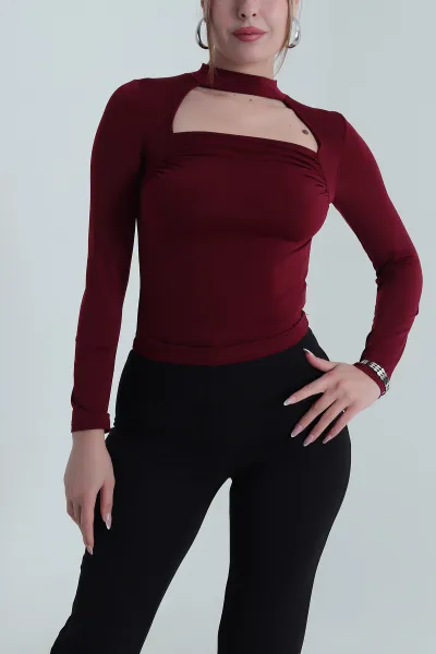 Bordo Büzgülü Likralı Buzzy Kadın Bluz 486681