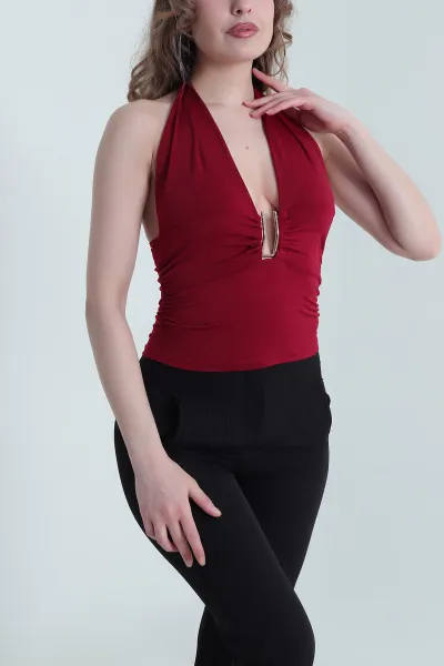 Bordo Büzgülü Likralı Sandy Kadın Bluz 452108