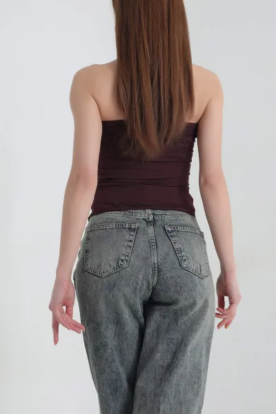 Bordo Büzgülü Likralı Straplez Sandy Bluz 337348