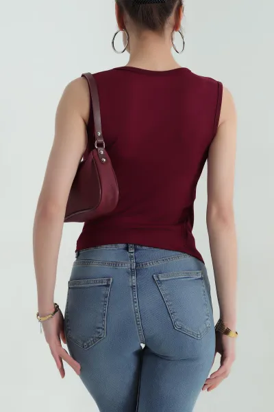 Bordo Büzgülü Likralı Viskon Kumaş Bisiklet Yaka Kadın Bluz 365583
