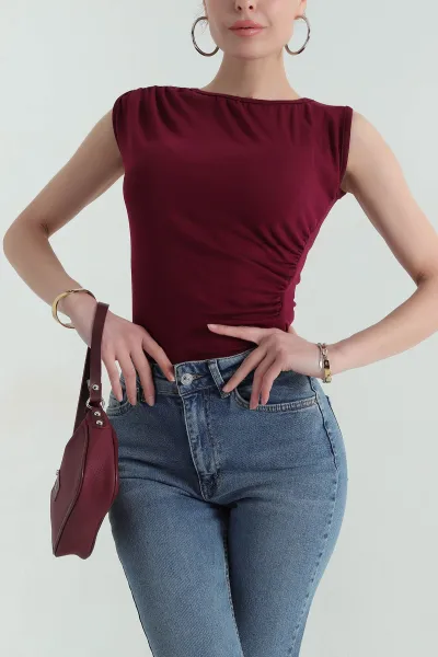 Bordo Büzgülü Likralı Viskon Kumaş Bisiklet Yaka Kadın Bluz 365583