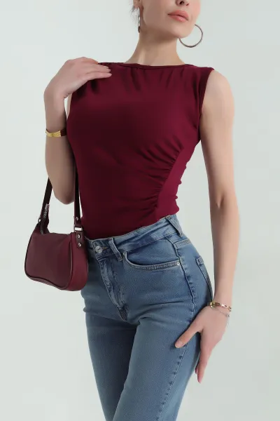 Bordo Büzgülü Likralı Viskon Kumaş Bisiklet Yaka Kadın Bluz 365583