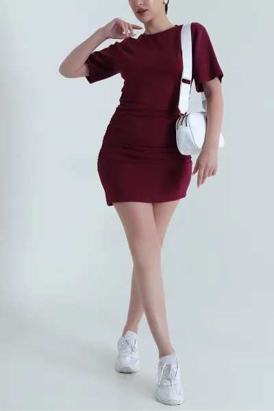 Bordo Büzgülü Modal Kadın Elbise 466187