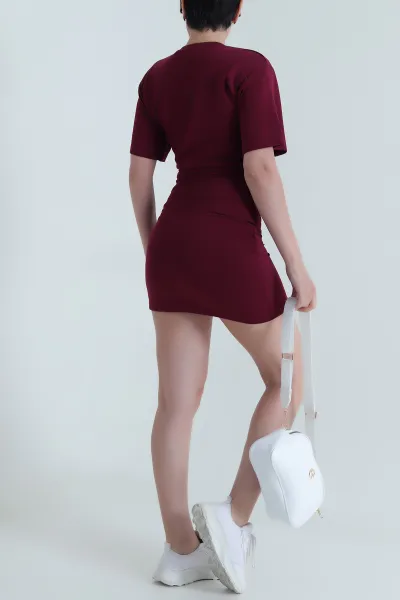 Bordo Büzgülü Modal Kadın Elbise 466187