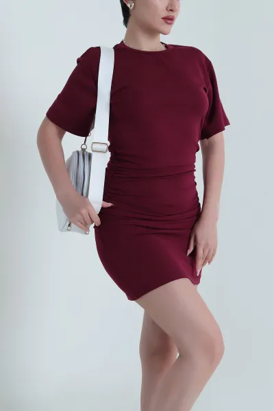 Bordo Büzgülü Modal Kadın Elbise 466187