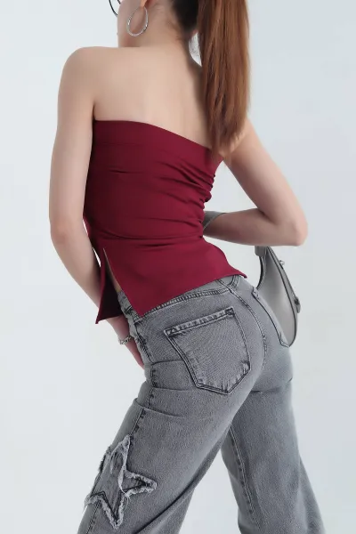 Bordo Büzgülü Pedli Staplez Bluz 342968