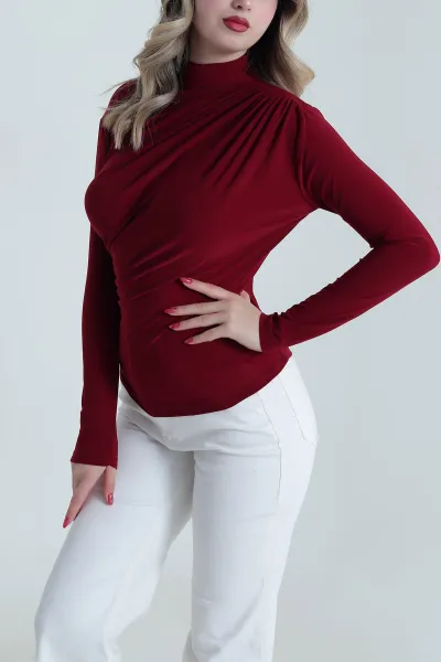 Bordo Büzgülü Sandy Kadın Bluz 484996